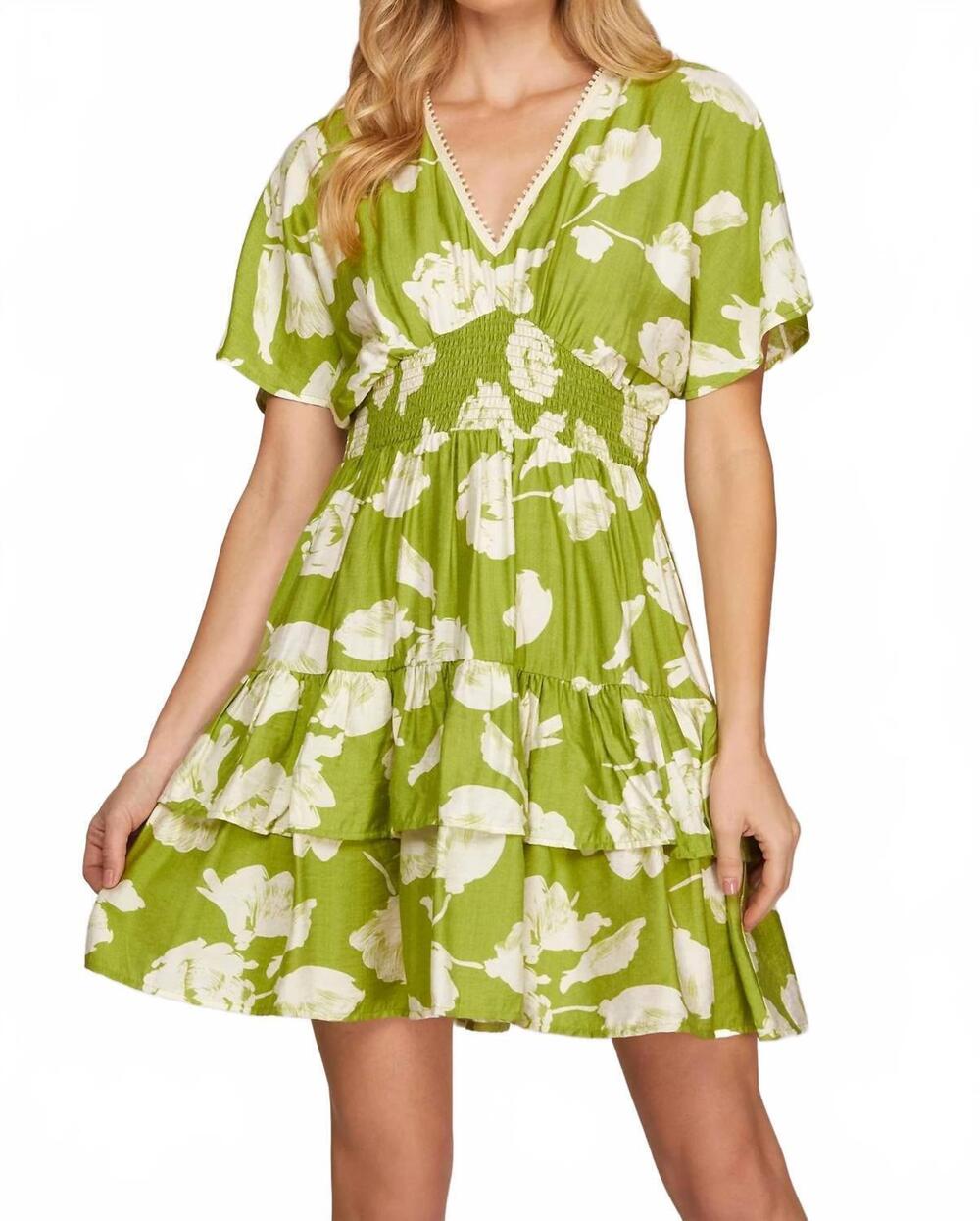 NEW SHE + SKY short sleeve woven print tiered dress in lime